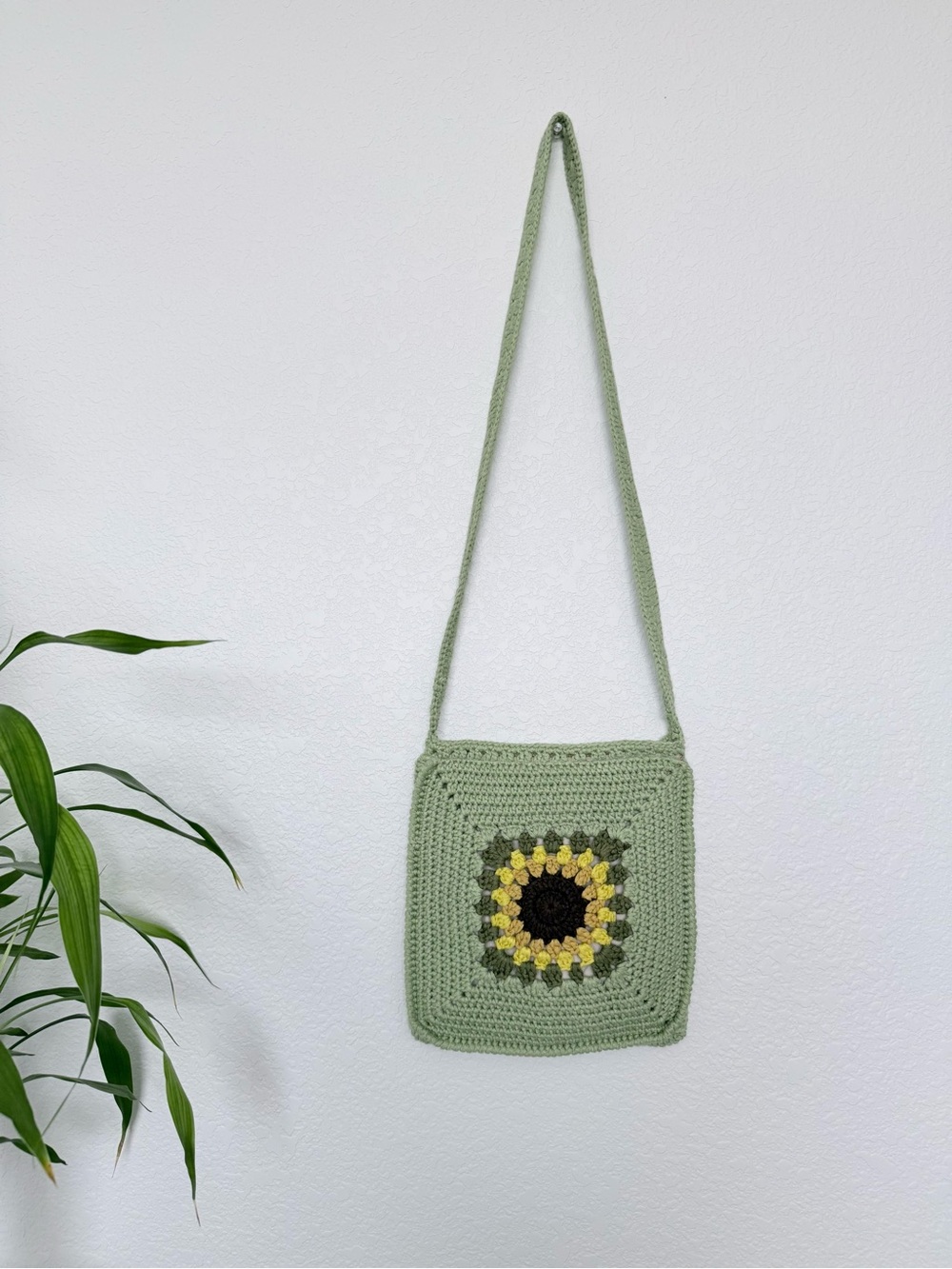 Sage Green Crochet Crossbody Bag with Sunflower Accent